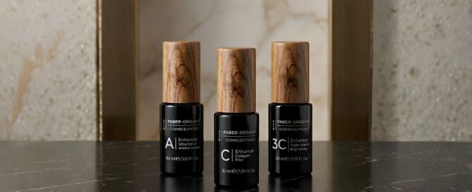 Sieri Enhancer Faber-Organic applicati sulla pelle, trattamento modulabile per luce, rinnovamento e struttura nella routine viso.