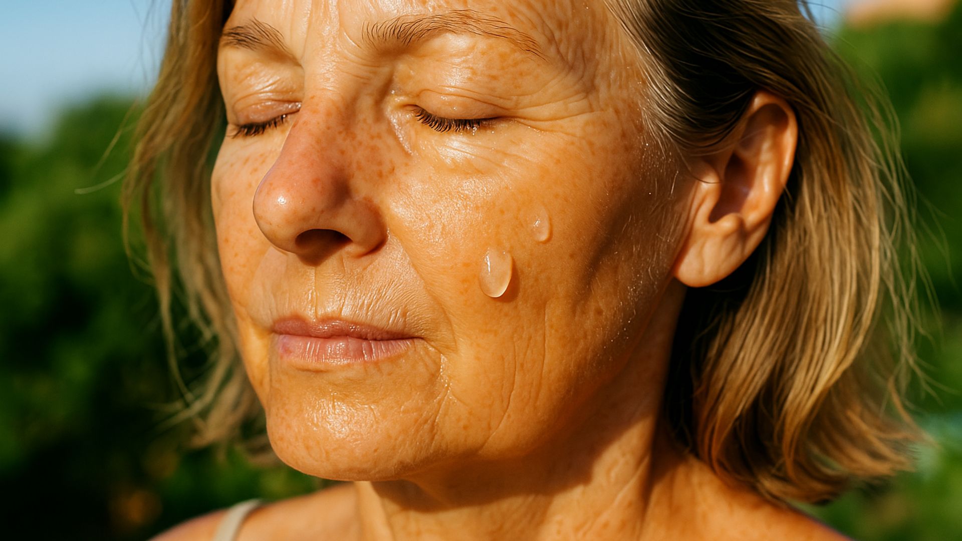 Idratare la pelle in estate. Pelle matura che riceve idratazione profonda in estate.
