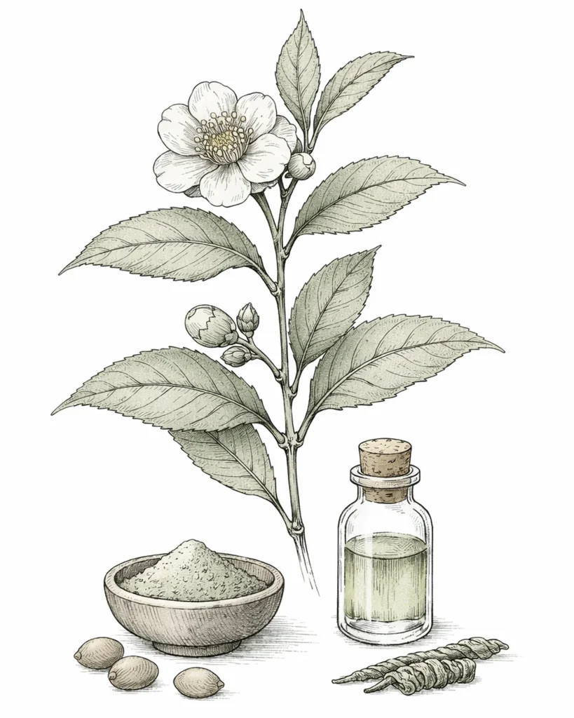 Piante del tè verde e ricavato del tè matcha