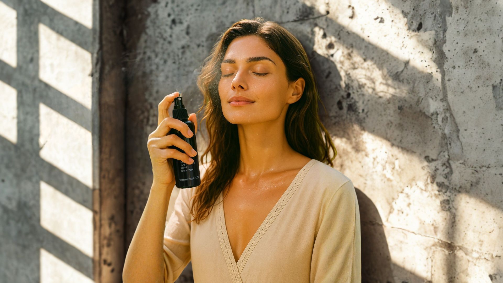 Donna applica la Green Mist viso al mattino con un gesto delicato