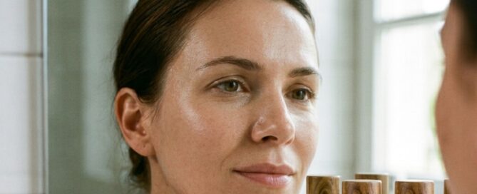 Texture skincare leggera con niacinamide applicata sul viso in estate, pelle più confortevole con caldo, SPF e tono non uniforme.