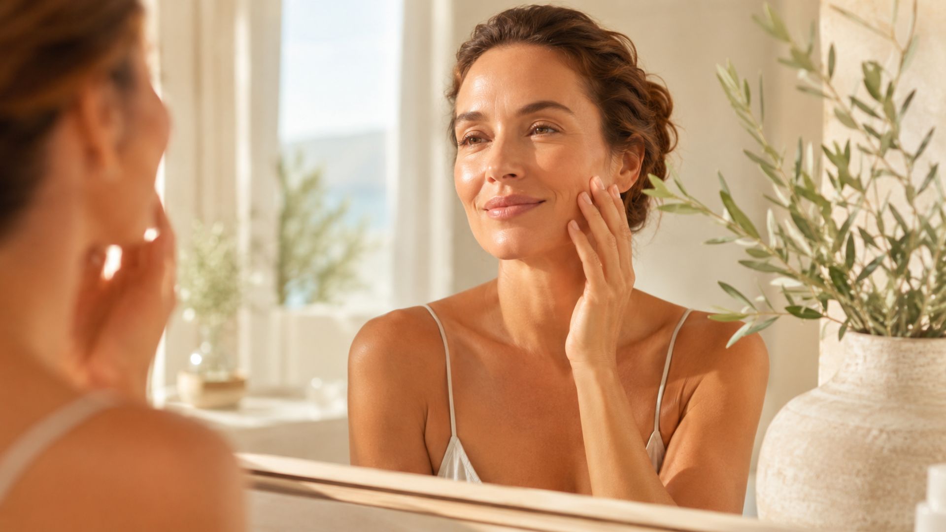 Donna osserva la pelle del viso dopo giornate di sole, skincare con idratazione cosmetica, comfort e luminosità.