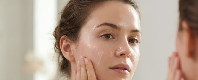 Donna con pelle leggermente lucida applica una texture skincare leggera prima della protezione solare, routine estiva viso con SPF.