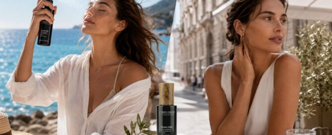 Donna al mare e in città con skincare estiva leggera, protezione solare e texture fresche per comfort della pelle con caldo, salsedine e aria condizionata.