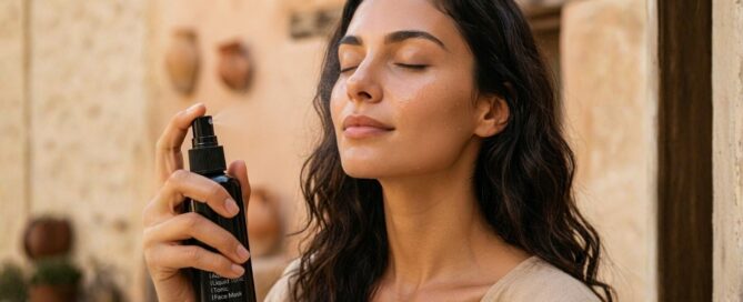 Donna rinfresca la pelle a metà giornata con una mist viso leggera, gesto skincare estivo per comfort e freschezza.