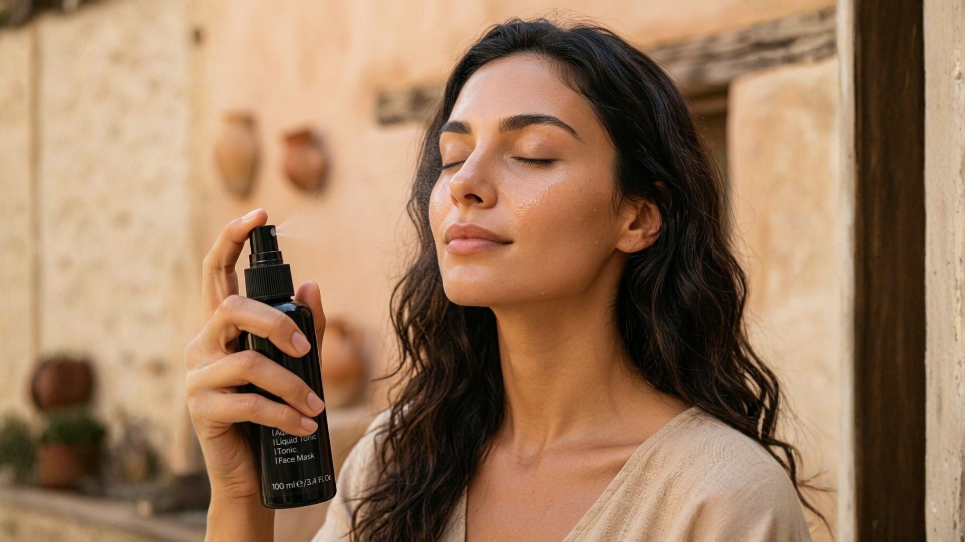 Donna rinfresca la pelle a metà giornata con una mist viso leggera, gesto skincare estivo per comfort e freschezza.