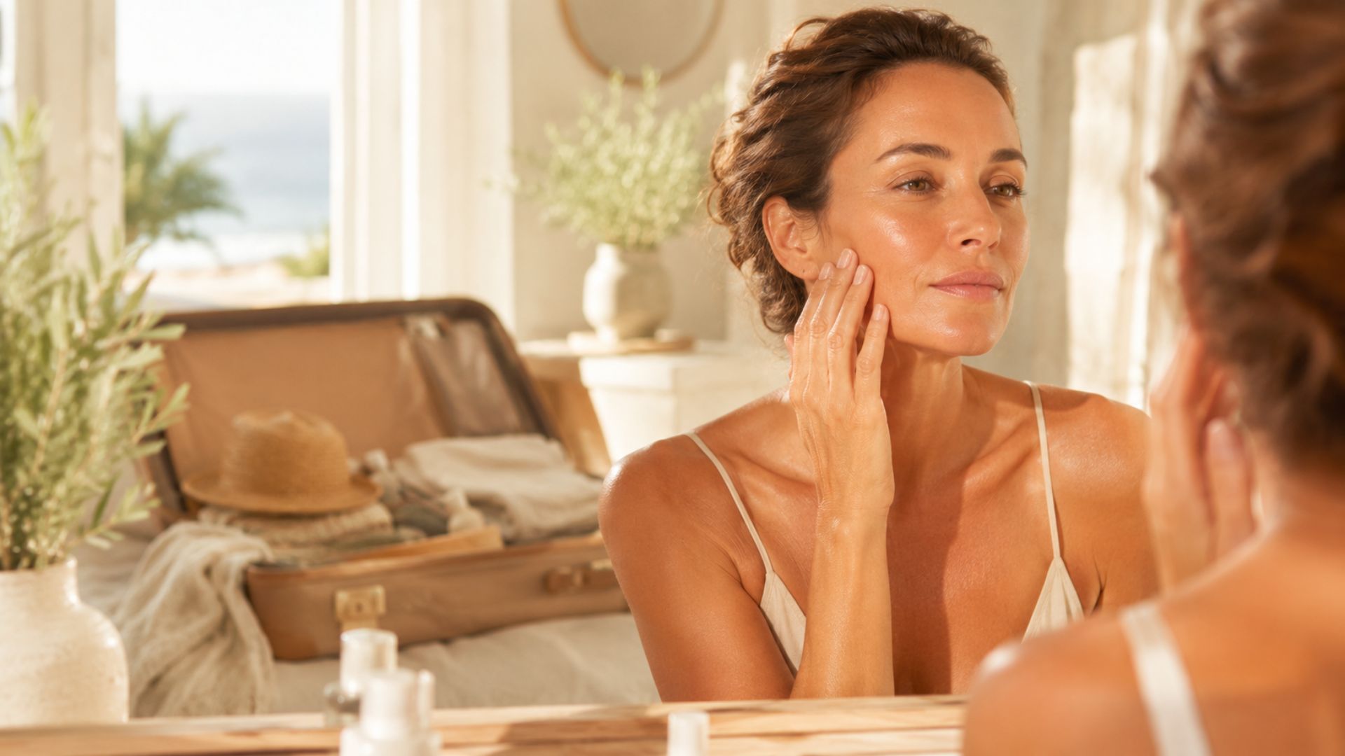 Donna dopo le vacanze osserva la pelle del viso allo specchio, routine di rientro per ritrovare comfort, luminosità e continuità.