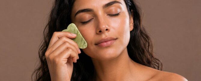 Gua sha viso utilizzato con una texture scorrevole per un massaggio lento e controllato sulla guancia.