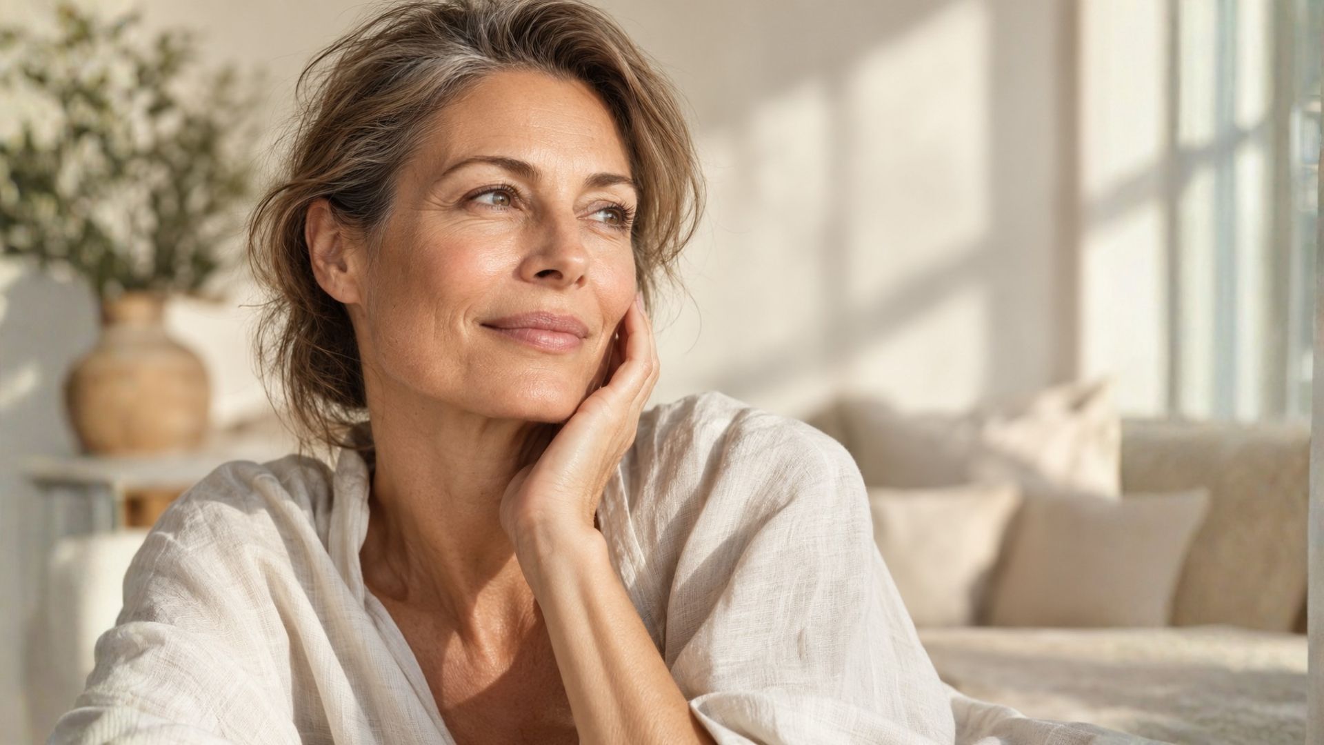 Donna adulta con pelle del viso in menopausa, fase in cui possono cambiare idratazione, elasticità e comfort cutaneo.